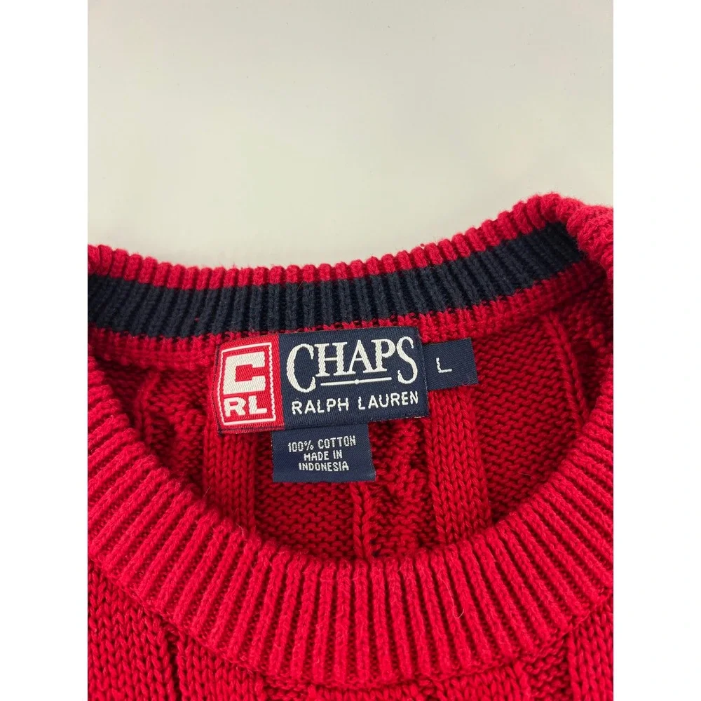 Vintage Chaps Ralph Lauren Mens Cable Knit Cotton Crewneck Sweater Crest Logo L